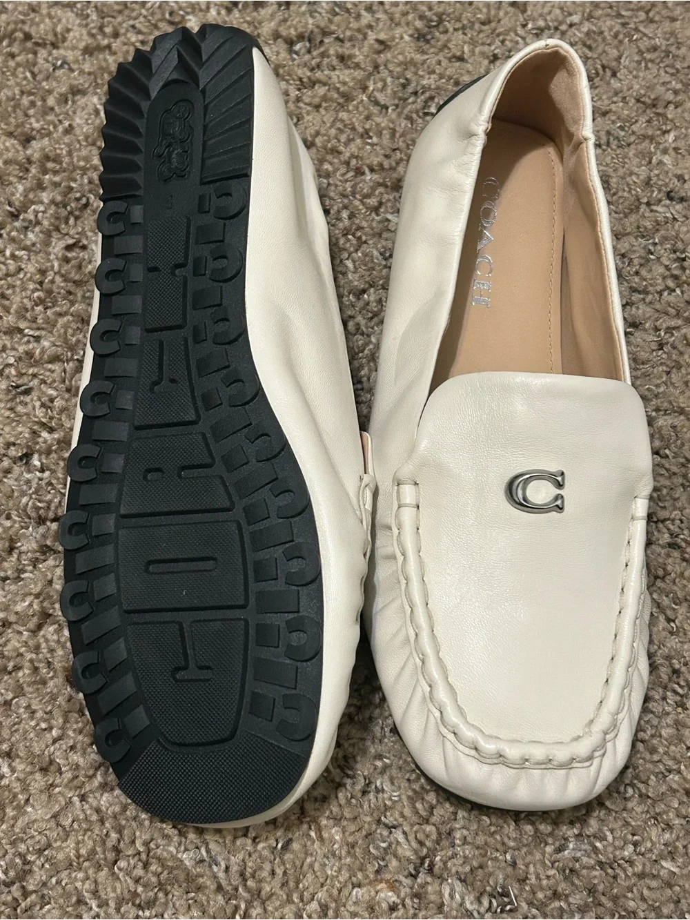 COACH Cream Leather Moccasin Loafers with Silver 'C' Accent